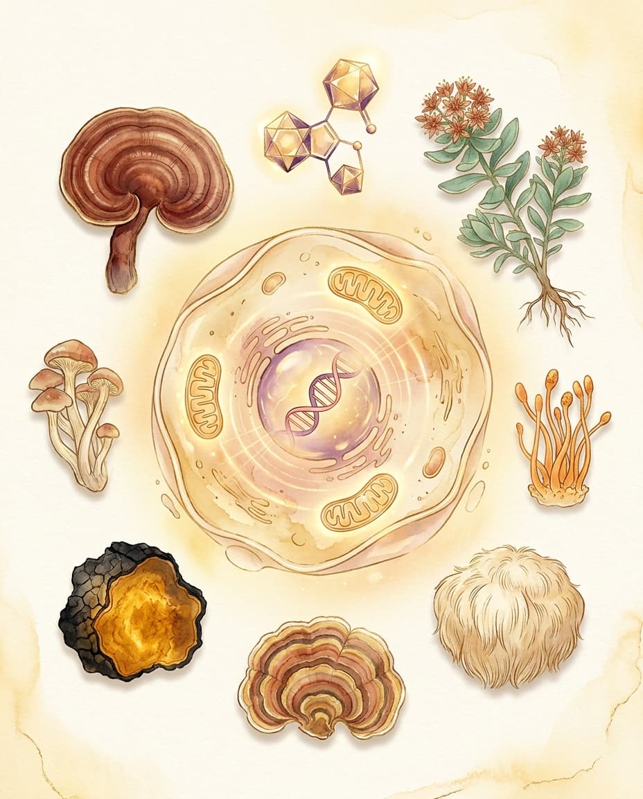 Ilustración editorial de una célula humana con adaptógenos: mitocondrias, ADN, hongos medicinales (reishi, cordyceps, melena de león, chaga, cola de pavo) y una molécula de NAD/NMN