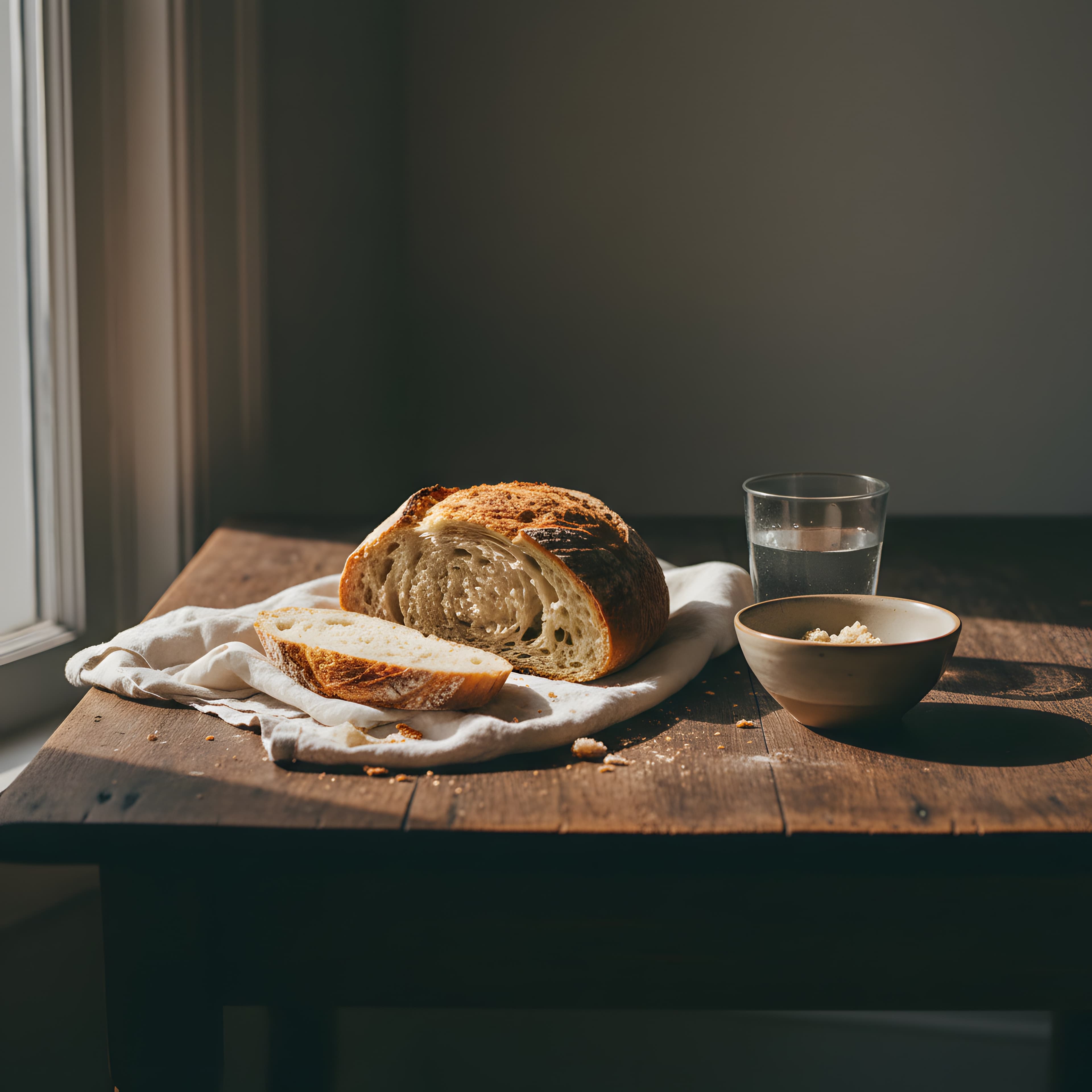 Pan rústico sobre una mesa de madera con luz cálida lateral, evocando un momento de pausa y reflexión.