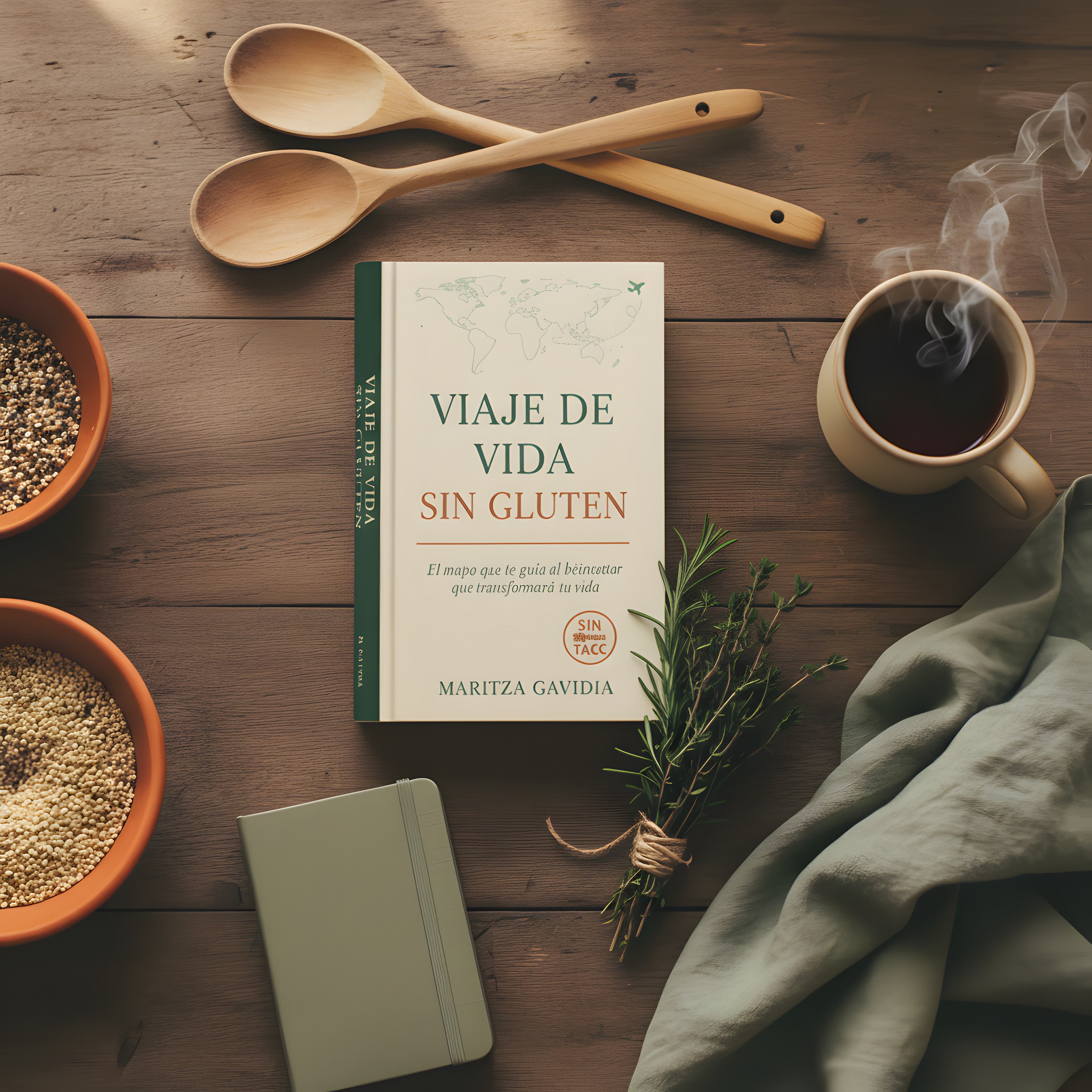 Libro 'Viaje de Vida Sin Gluten' cerrado sobre una mesa de cocina con hierbas frescas, té, cucharas de madera y bowls con granos — el ritual del aprendizaje.
