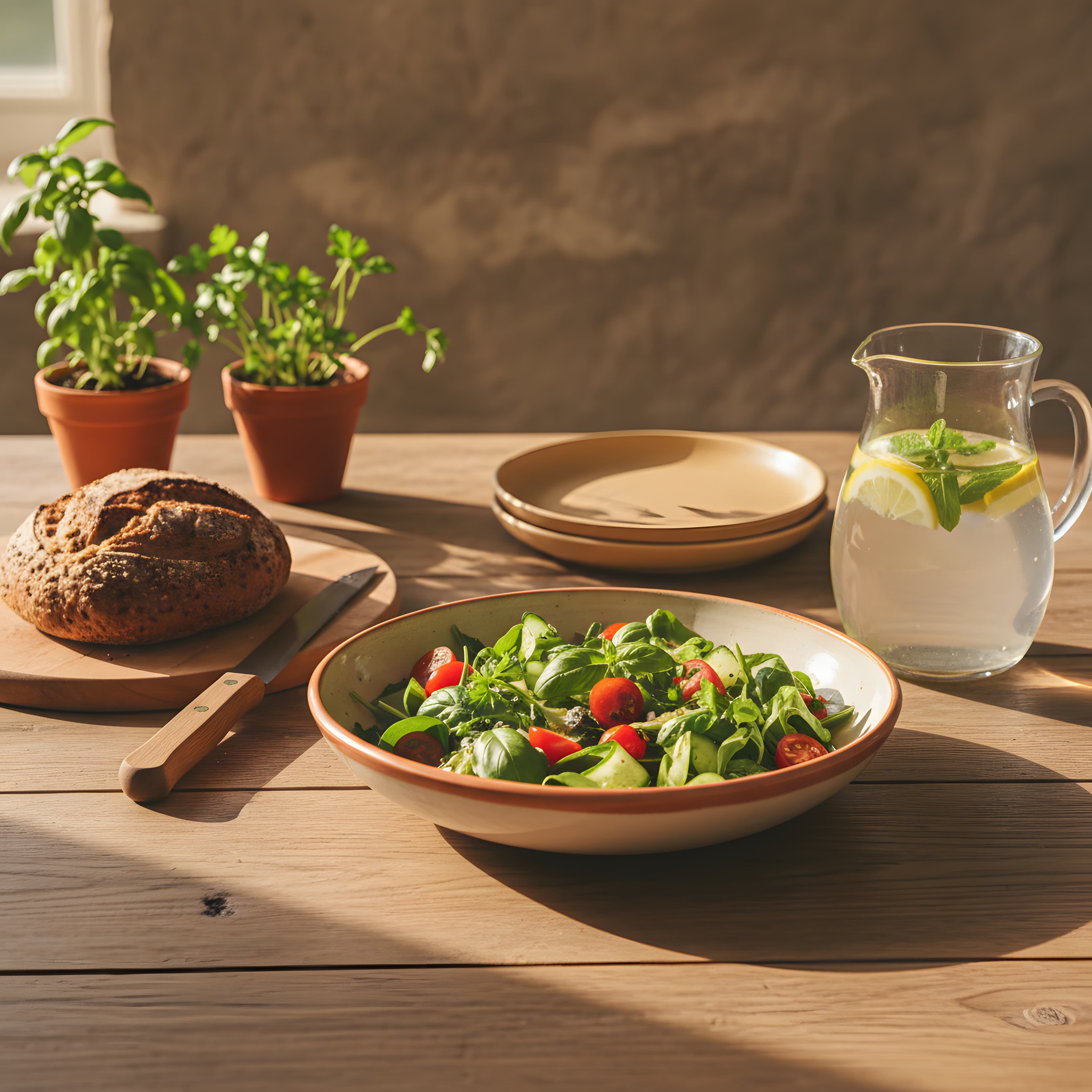 Mesa puesta con ensalada fresca, pan artesanal sin gluten y luz dorada — el placer de comer recuperado.