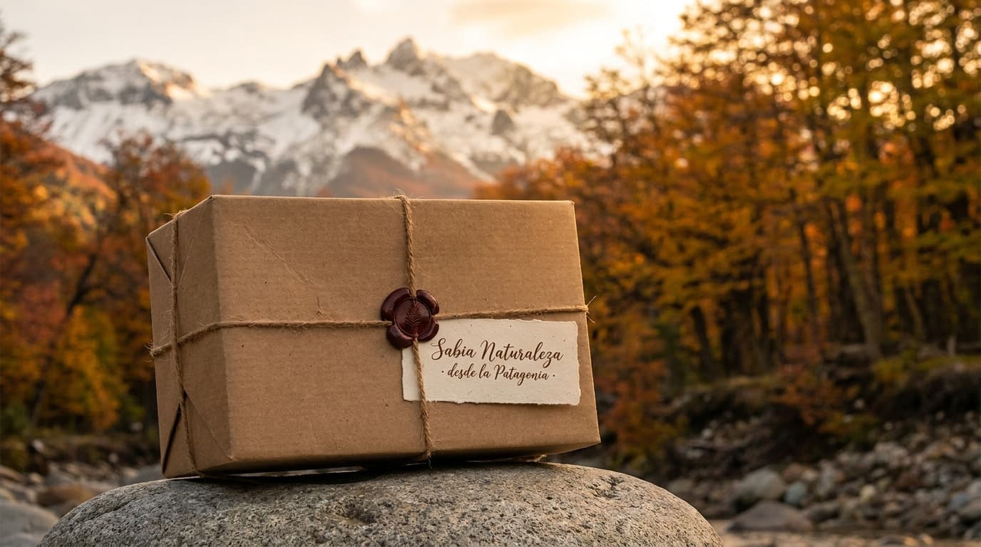 Paquete Sabia Naturaleza con sello desde la Patagonia, cerro nevado y bosque otoñal de fondo