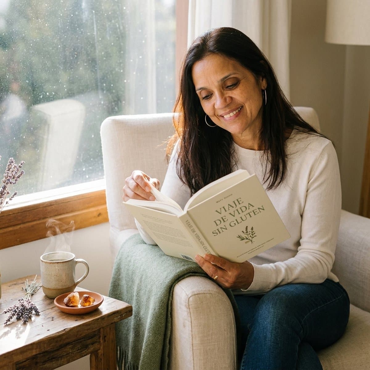 Mary leyendo en su living de Bariloche, una mirada cálida y de escucha activa