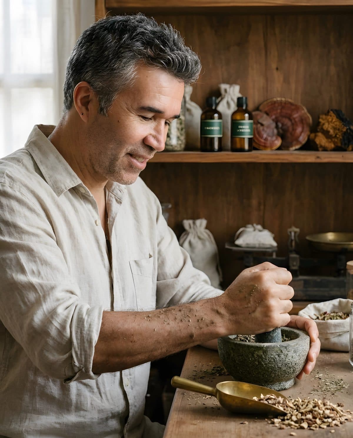 Mau Mainz en su atelier, moliendo especias y hongos medicinales en un mortero de piedra, con envases y hongos secos en el fondo